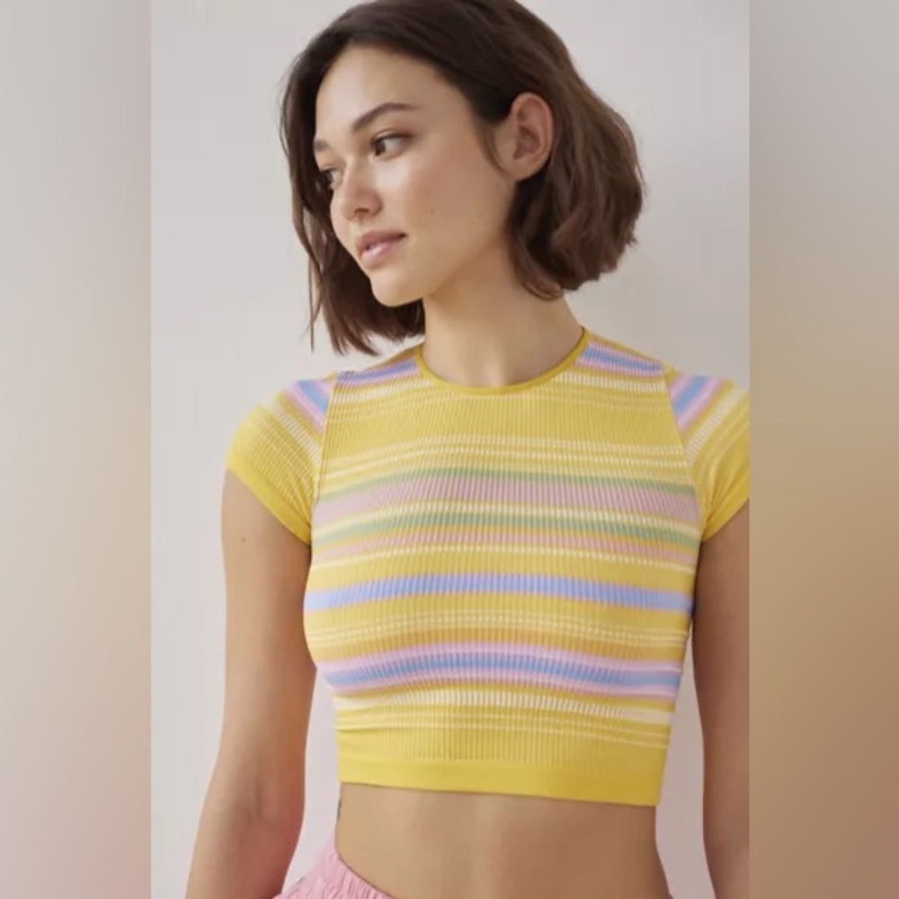 Out From Under Everyday Seamless Ribbed Tee in Yellow + Multicolored Stripes
